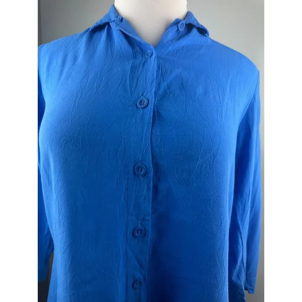 Jams World Solid Dutch Blue Button Blouse Crinkle Shirt Sz Small 3/4 Sleeve Top - Picture 11 of 16